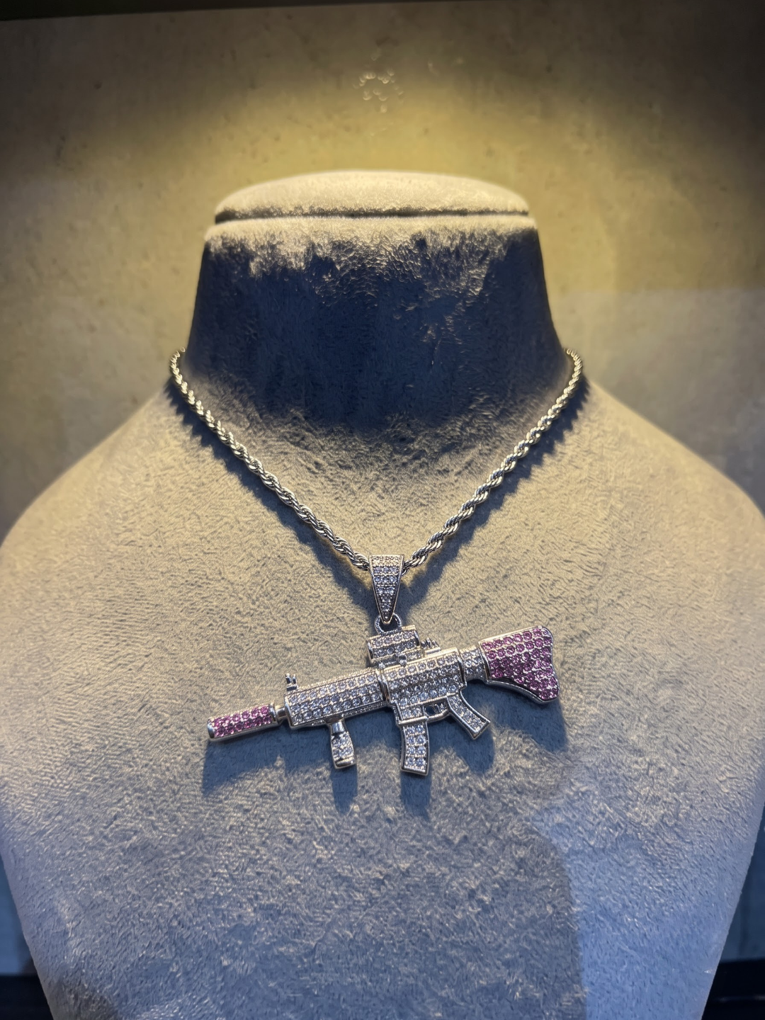 Iced Out Pink & Silver Rifle Pendant Necklace