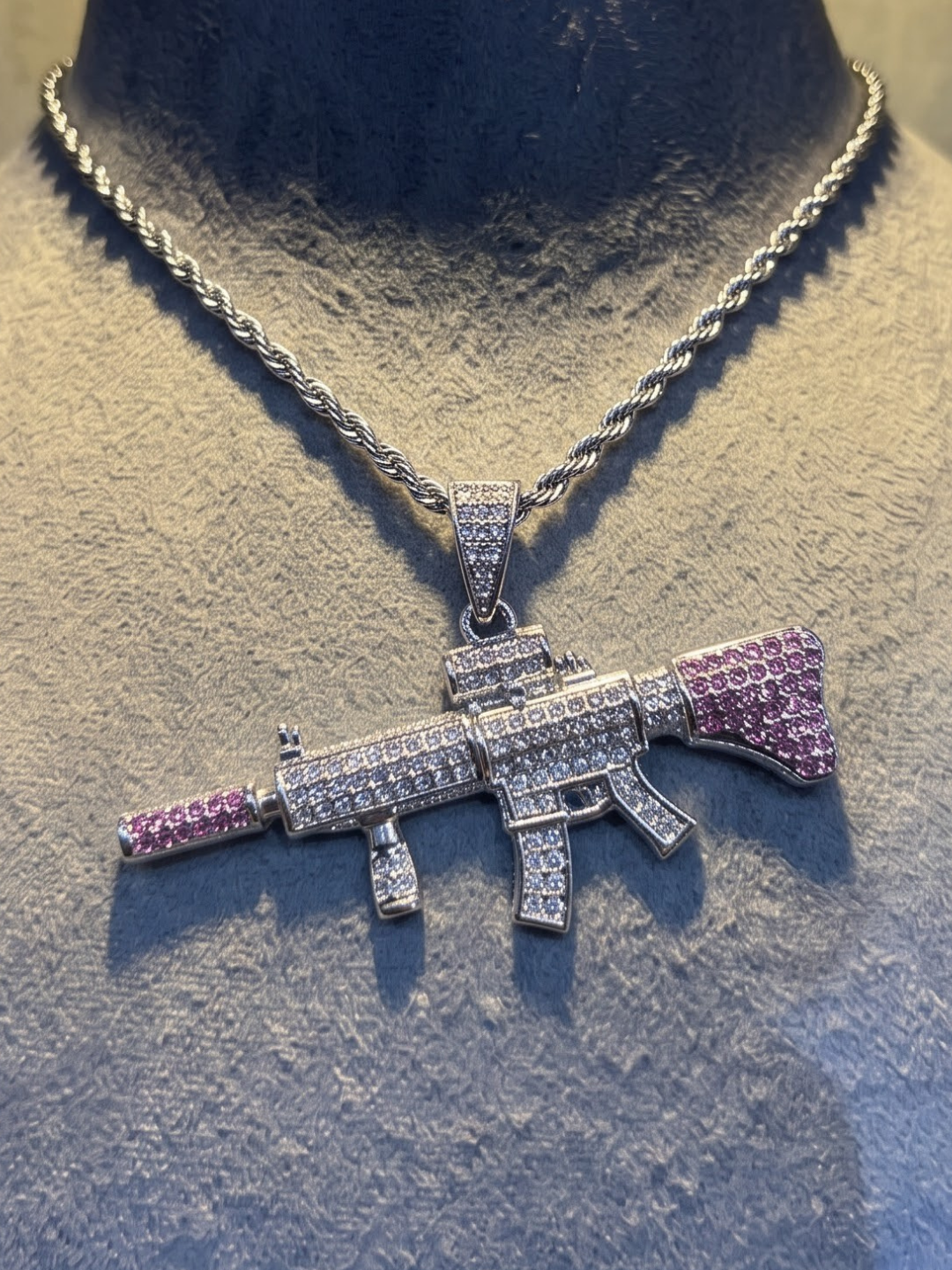 Iced Out Pink & Silver Rifle Pendant Necklace