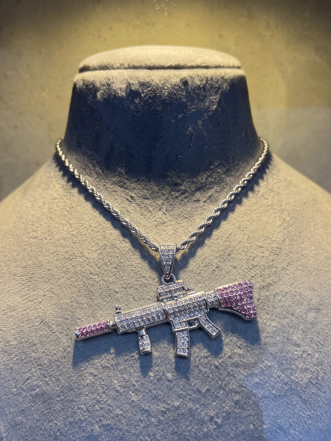 Iced Out Pink & Silver Rifle Pendant Necklace