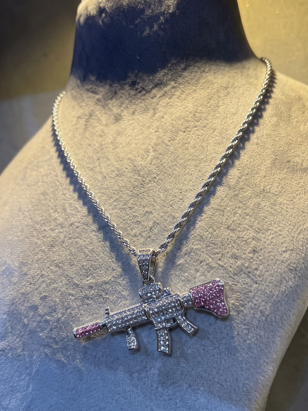 Iced Out Pink & Silver Rifle Pendant Necklace