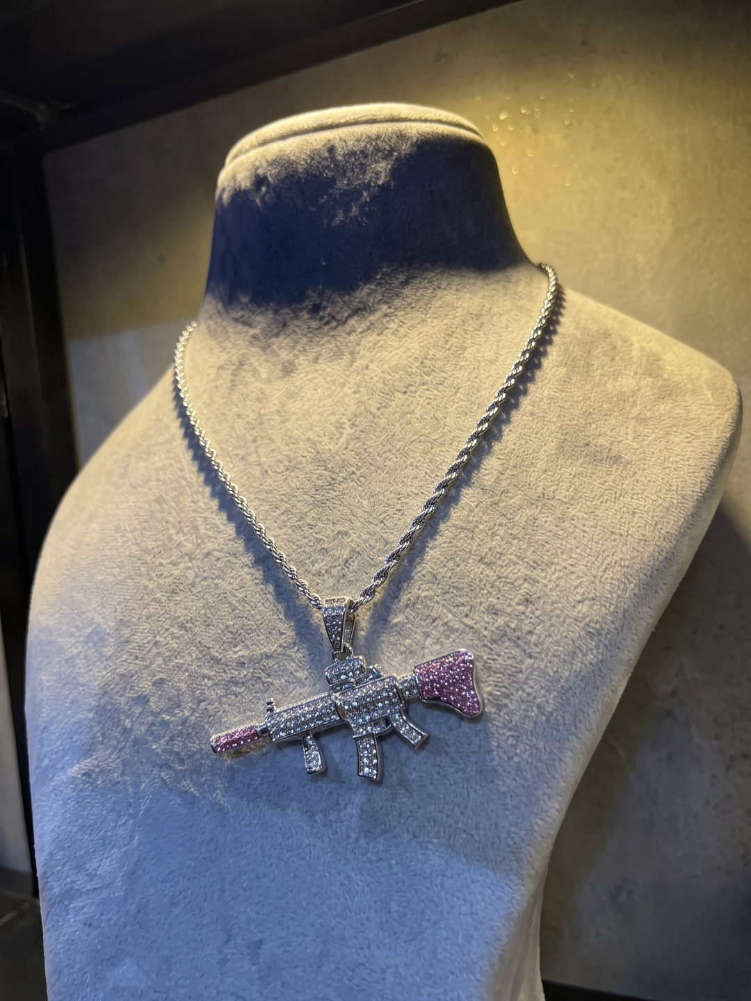 Iced Out Pink & Silver Rifle Pendant Necklace