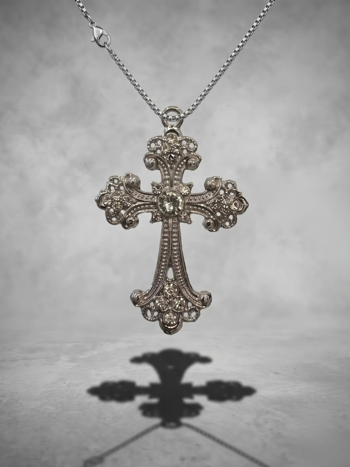 Silver Baroque Crystal Cross Necklace