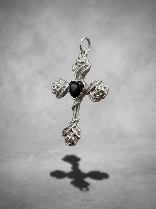 Black Heart Rose Cross Pendant