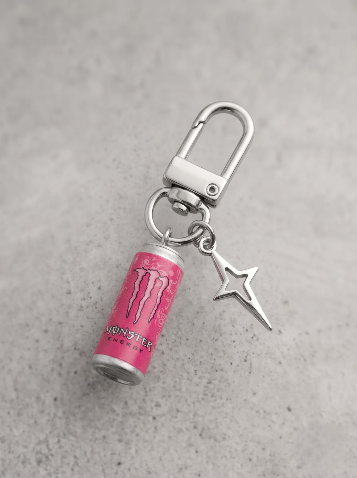 Pink Monster Energy Mini Can Keychain – Silver Star Edition