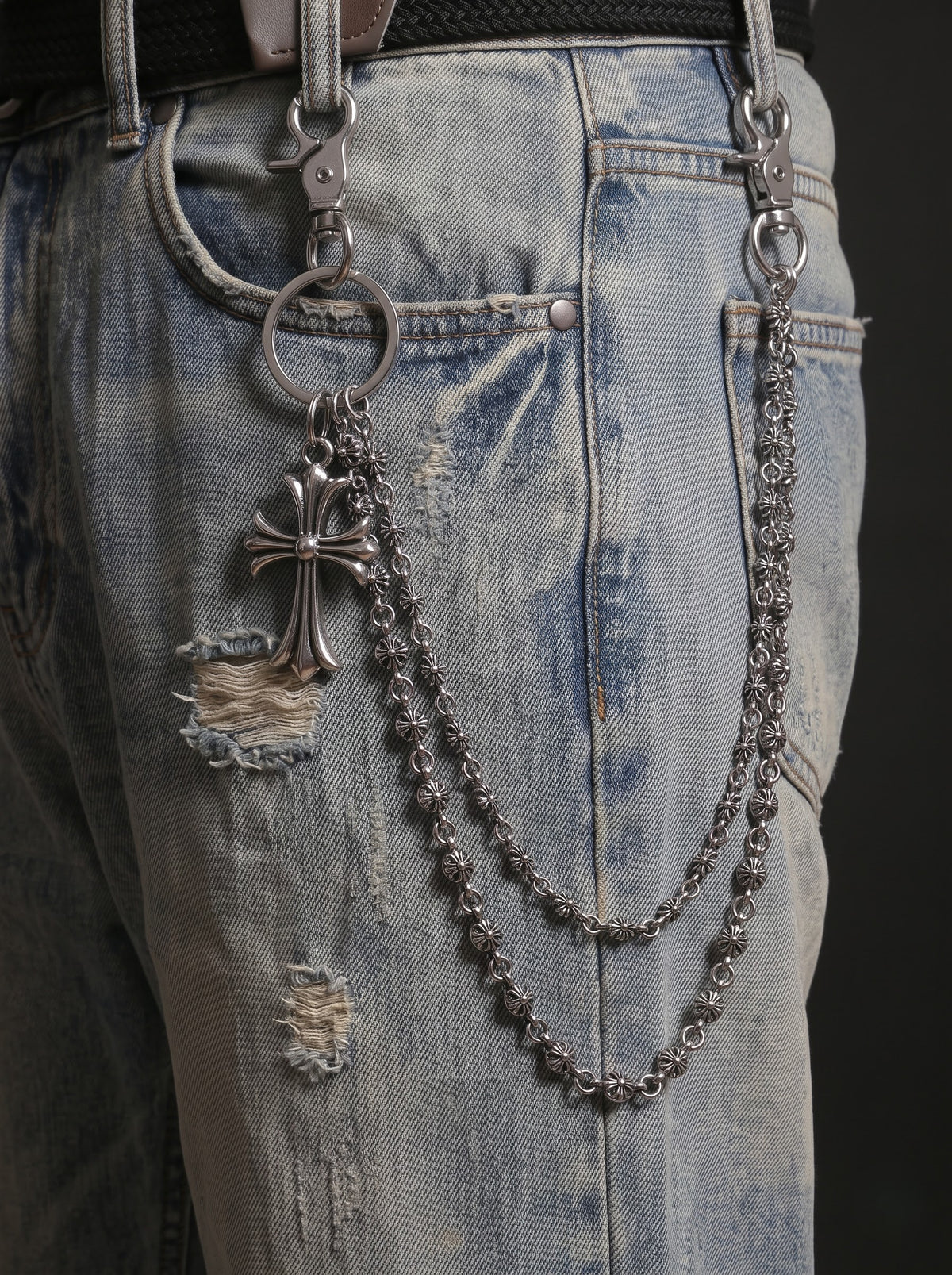 Silver Floral Cross Layered Jeans Chain