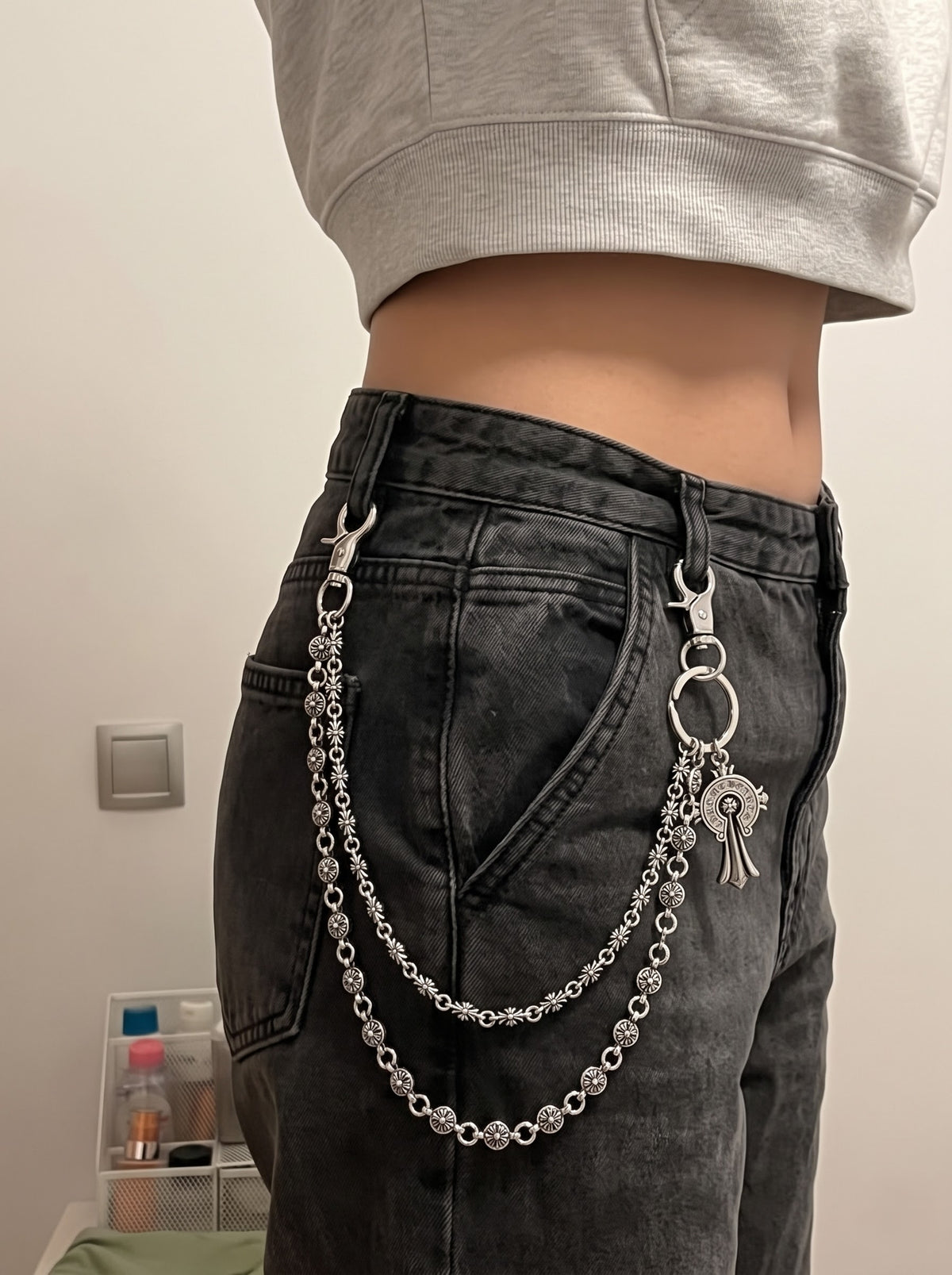 Silver Floral Link Double-Layer Pant Chain