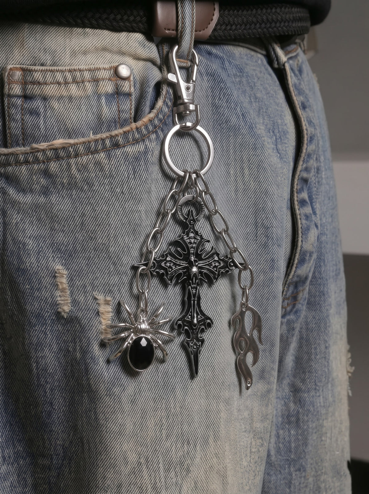 Gothic Cross Spider & Flame Multi-Charm Keychain