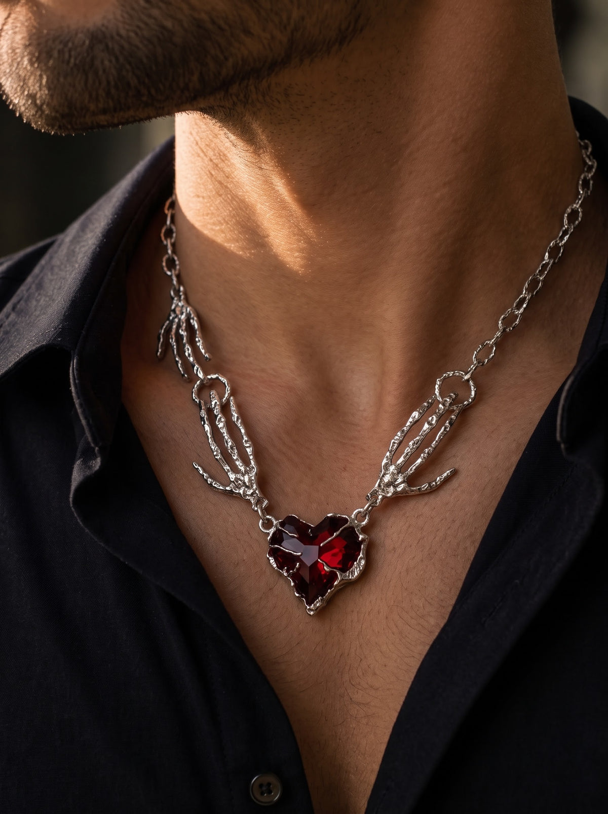 Crimson Heart Skeleton Hand Necklace