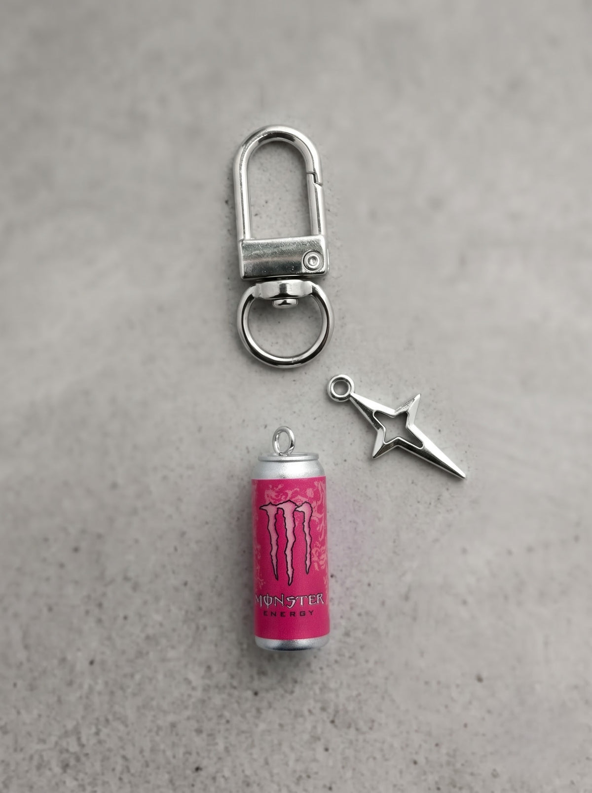 Pink Monster Energy Mini Can Keychain – Silver Star Edition
