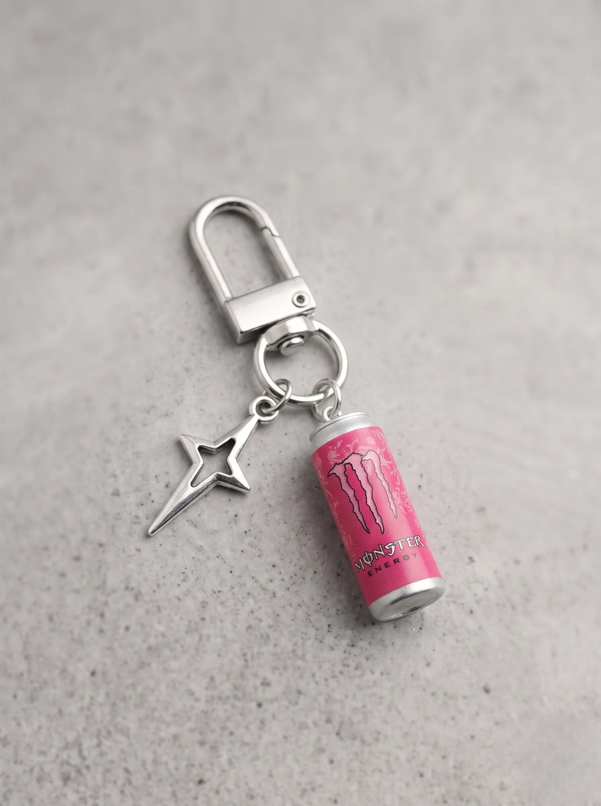 Pink Monster Energy Mini Can Keychain – Silver Star Edition