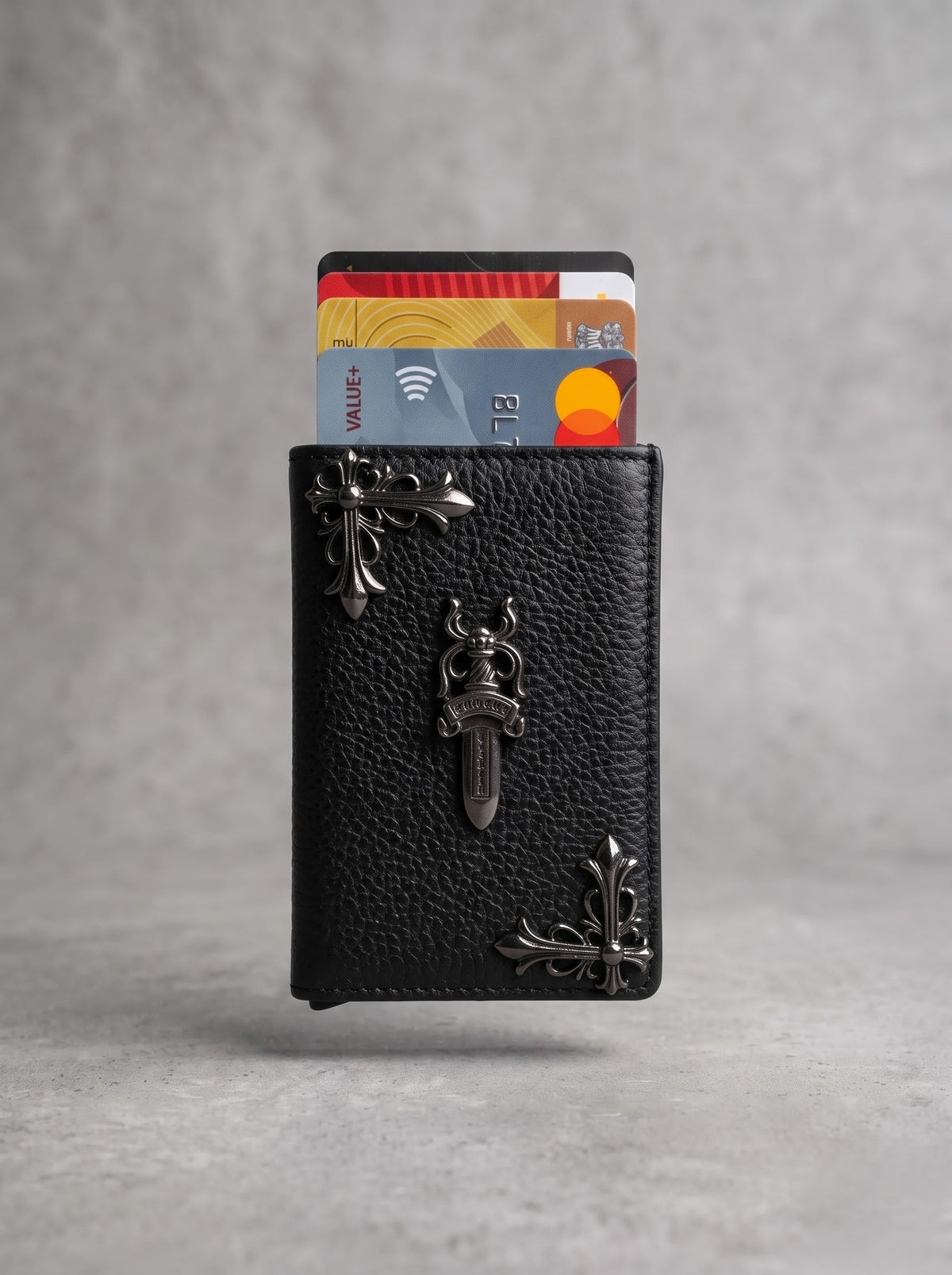 Noir Cross Embellished Leather Card Wallet